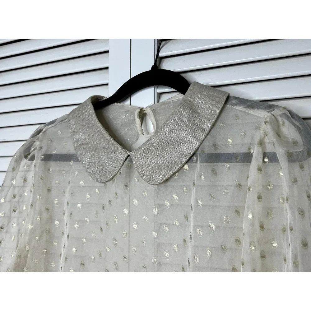 Vintage Sheer Ivory Gold Clip Dot Blouse Peter Pan Collar Size L